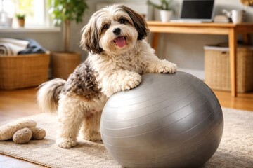 Obraz premium Content Havanese dog interacting with a stability ball in a home work area