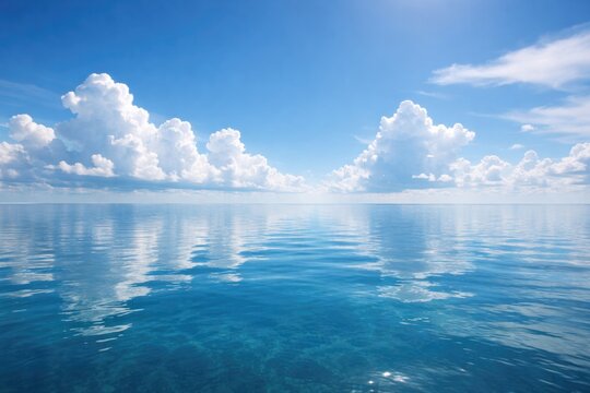 Sweeping panorama of placid ocean reflecting white cloud formations under a sunny blue sky with copy space