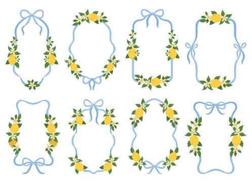 Elegant set of decorative lemon floral frames, fresh citrus fruits, green leaves, delicate white blossoms with soft blue ribbon bows. This clean, modern illustration collection includes multiple ornat