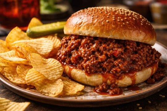Juicy sloppy joe sandwich matched with crisp chips for a fulfilling BBQ lunch