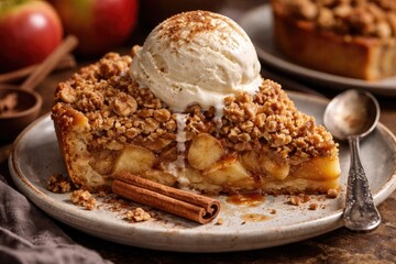 Fototapeta premium Tasty vegan apple crumble pie served with cinnamon and vanilla ice cream, a nutritious and fresh vegetarian dessert option