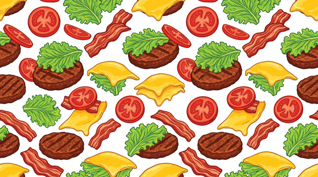 Seamless Burger Ingredients Pattern with Beef Patty, Cheese, Tomato, Bacon, and Lettuce on White Background for Food Design