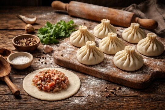 Semi prepared Georgian khinkali filled with meat on rustic wooden backdrop with visible copyspace