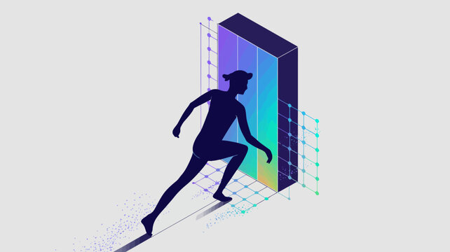 Futuristic, gradient portal, human silhouette, running into technology