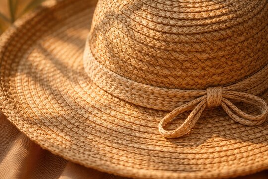 Summer style detailed texture of raffia straw hat with fine stitching close up