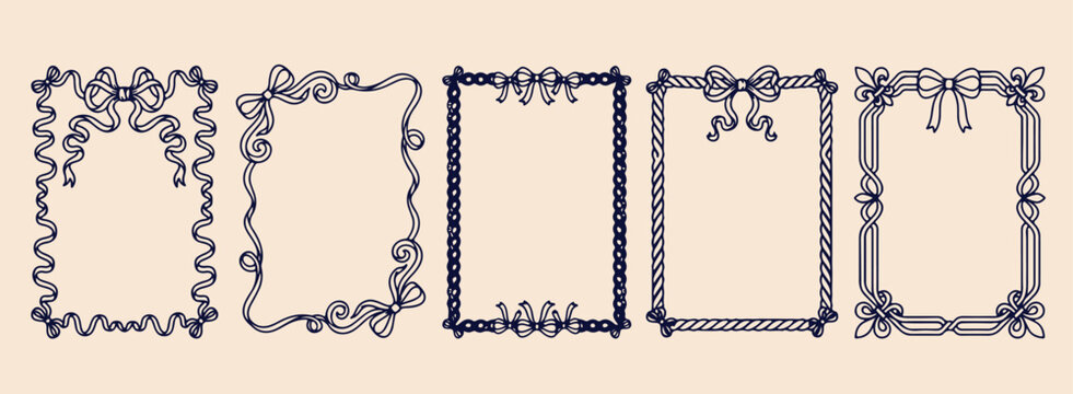Elegant ribbon and bow themed rectangular frame borders vector set, minimalist line art borders, commercial use Elegant graphics, professional stock illustration borders, hand drawn doodle style borde