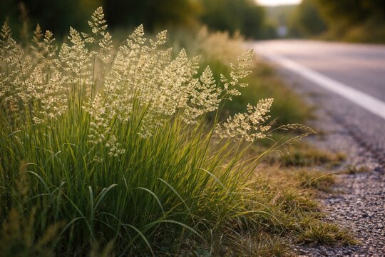 Roadside poa grass clusters displaying yearly blossoms in natural habitat