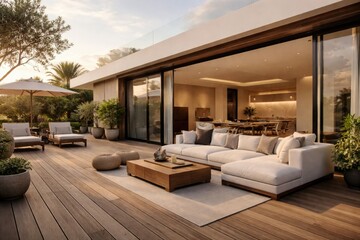 Obraz premium Wooden deck and open terrace floor near living room in modern villa