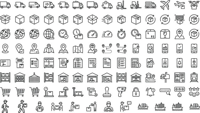 Comprehensive Logistics and Delivery Icon Set Featuring Transportation, Warehouse Management, Global Shipping, Supply Chain, and Distribution Symbols