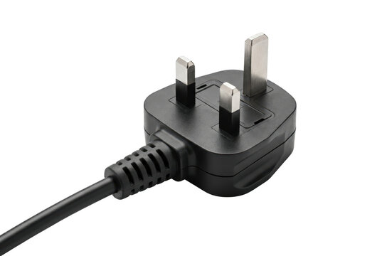 Black UK three-pin electric power plug, Type G, with a black cord attached. Isolated on transparent background, png