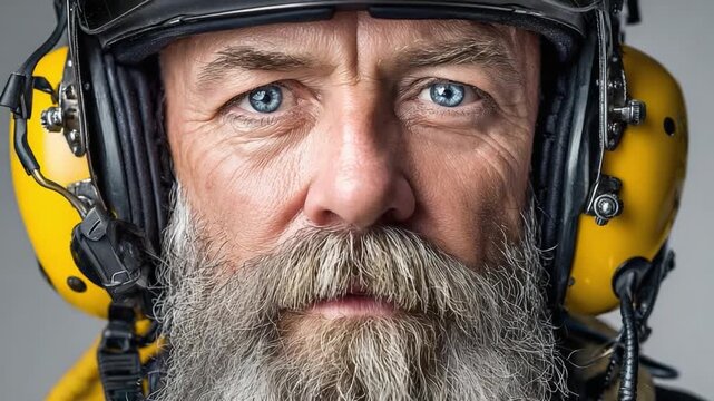 Resilience in Focus: An industrial worker with a distinguished gray beard, equipped with protective gear, gazes directly at the camera, embodying dedication and strength.