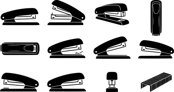 Collection of black stapler icons in various positions on , flat illustration isolated on white background
