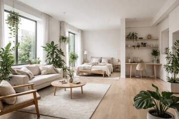 Fototapeta premium Spacious studio interior design highlighting Scandinavian minimalism and greenery accents