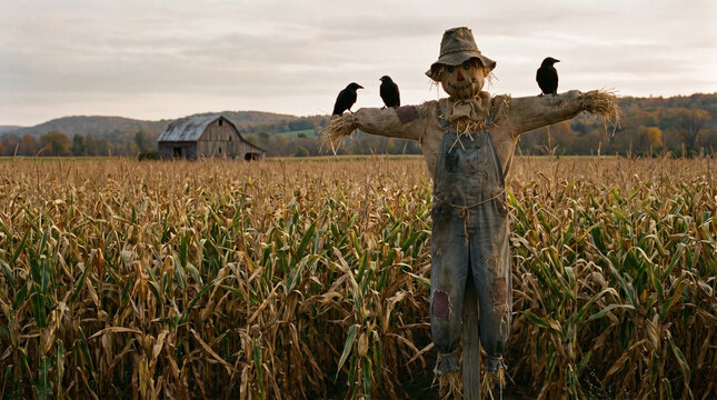 Scarecrow standing in a cornfield with crows perched on its arms, rustic barn visible in the background under a cloudy sky during autumn season