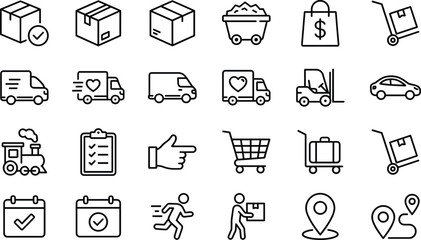 Logistics and delivery line icons set featuring shipping boxes trucks cart location calendar and transportation symbols © Sadhin Artlance