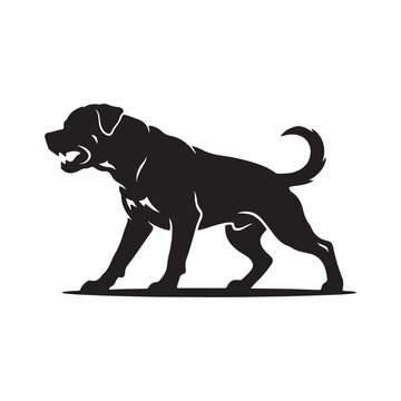 Black silhouette of a Rottweiler dog in an aggressive stance white