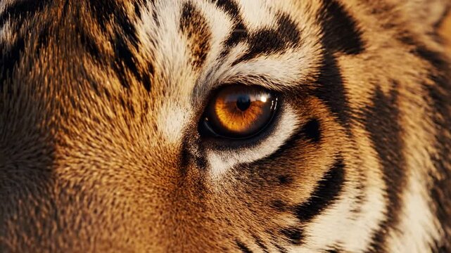 Close-up extreme detail of a tiger's fierce orange eye, showcasing intricate fur texture and sharp focus, conveying wild nature and power