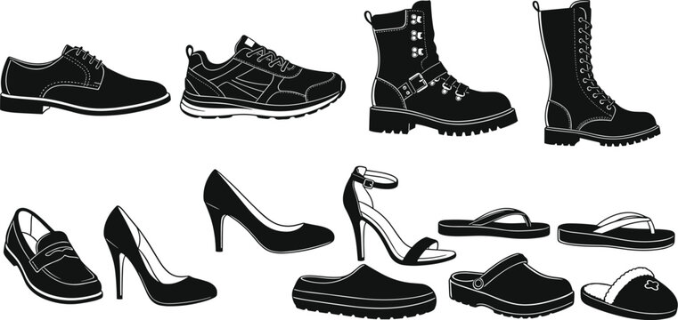 Footwear silhouette collection, formal dress shoes, sneakers, hiking boots, combat boots, loafers, high heels, flip flops, clogs, slippers, flat vector illustration
