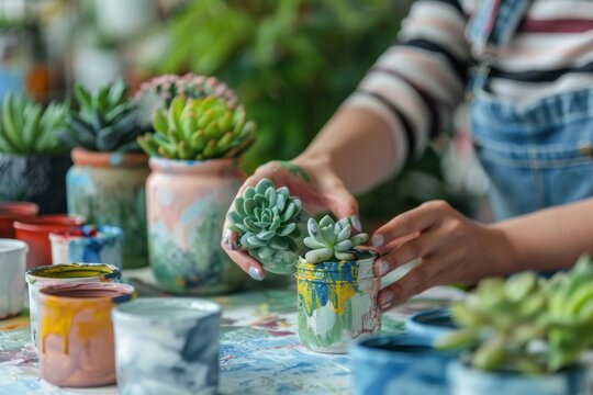 Close-up of hands potting succulents into colorful, hand-painted ceramic pots, showcasing a creative and relaxing hobby for home decor and indoor gardening.