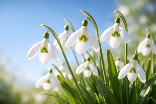 Snowdrop flowers in full bloom photographed up close against a clear blue spring background