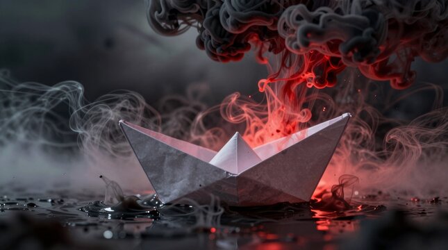 A paper boat sits calmly on reflective water, surrounded by swirling smoke and vibrant red flames, creating a striking contrast between calmness and chaos.