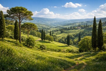 Obraz premium Lush spring landscape with rolling hills, scattered pines, cypress trees, and clear blue sky