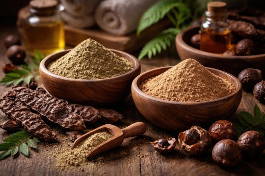 Natural hair care powders shikakai and soapnut displayed in bowl with focused view