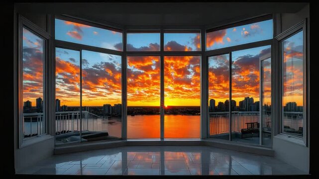 Stunning Sunset View: A panoramic vista of a breathtaking sunset unfolds beyond a stylish window, with fiery hues painting the sky above the cityscape.