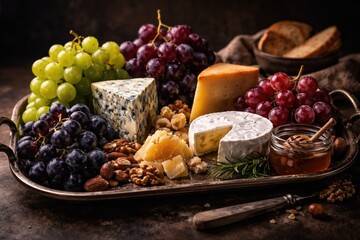 Obraz premium Tasteful collection of wine grapes and aged cheeses arranged on tray with dark background
