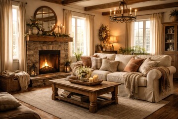 Obraz premium warm and charming farmhouse style living room background