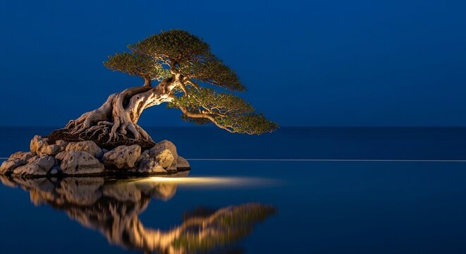 Artistic Bonsai Tree by the Sea at Night with Moonlight