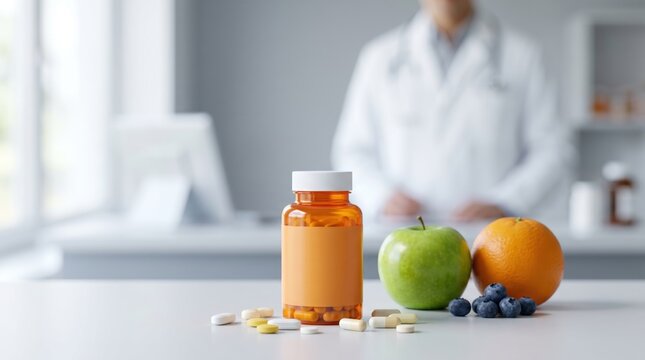 Doctor holding pill bottle with healthy fruits and vitamins on table
