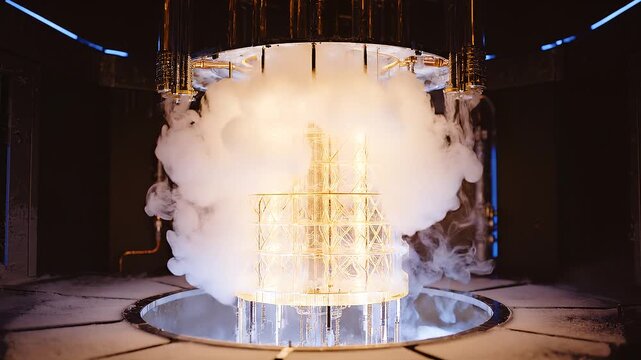 A glowing, golden quantum computer core sits at the center of a high-tech lab, surrounded by cooling mist and vapors. The intricate structure of wires and glass symbolizes the peak of modern computing