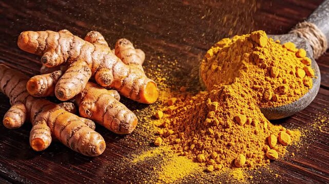 Fresh organic turmeric roots and vibrant golden powder spilling from a wooden spoon onto a dark textured surface, natural spice, healthy ingredient, culinary essential