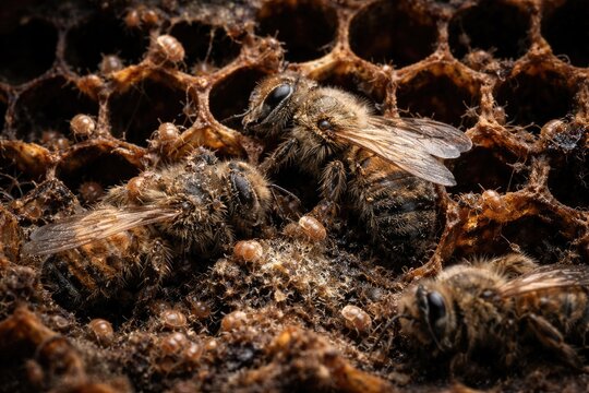 Dead bees and dust mites in honeycomb from collapsing hive