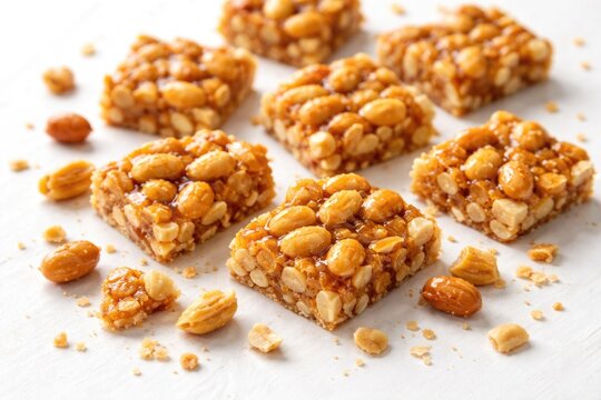 Jaggery peanut chikki chunks spread on a bright white surface showing a sweet crunchy snack