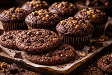 Fototapeta premium Freshly baked assortment of chocolate cookies and fluffy muffins with nuts