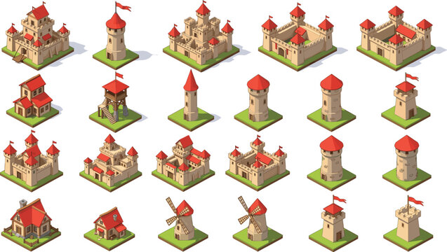 Isometric Medieval Castle and Tower Building Set with Fortress, Windmill, and Kingdom Architecture for Game and Fantasy Design