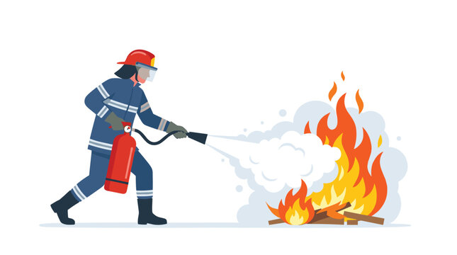 A professional firefighter in blue safety gear actively sprays white fire suppressant foam onto a small pile of burning wooden logs against a clean white background.