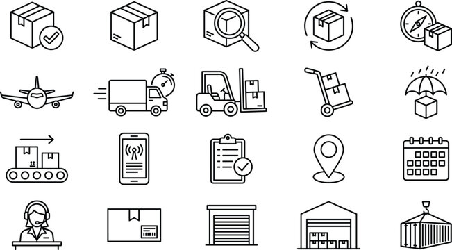 Logistics and shipping line icon set with delivery tracking warehouse transport cargo and supply chain management symbols