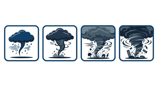 A sequence of four distinct square panels depicts the escalating intensity of a tornado storm from light rain to total destruction of buildings and vehicles.