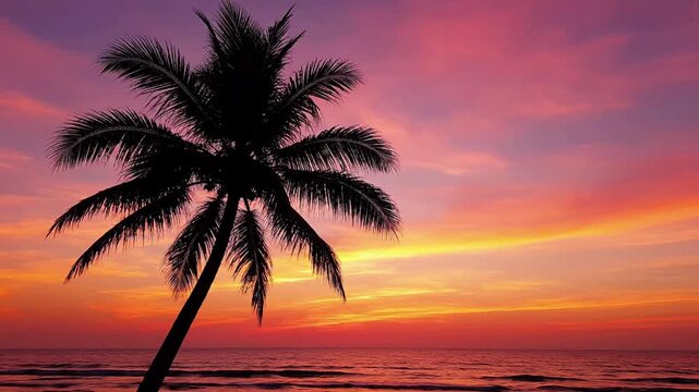 Silhouette of a palm tree against a vibrant sunset over the ocean, tropical paradise, vacation vibe, serene evening