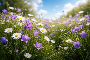Obraz premium Fresh white and purple flowers thriving amidst deep green grass and clear sunny skies