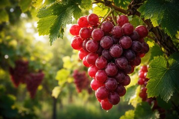 Naklejka premium Red seedless grapes clustered on a vine with grape leaves emphasizing the beauty of flowering plant fruit