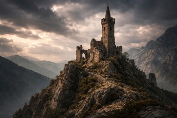 Fototapeta premium Old monastery tower ruins perched atop a rocky mountain ridge under dramatic sky