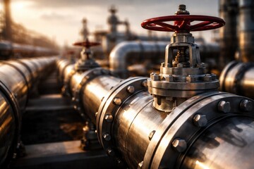 Fototapeta premium Macro shot of industrial oil pipelines and valve mechanisms with copy space