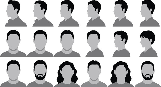 Male avatar profile silhouettes set with side and front view head icons for user interface and identity design
