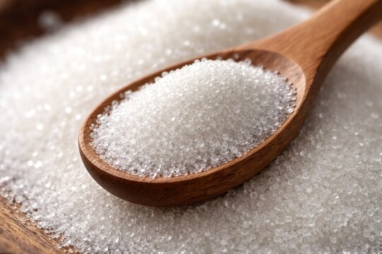 Up-close image of a wooden spoon containing dextrose crystals on a sugar stack