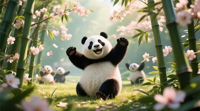 A joyful panda dances among blooming cherry blossoms in a vibrant bamboo forest, showcasing the beauty of nature and the playful spirit of wildlife.