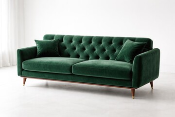 Fototapeta premium Plush green velvet couch with stylish wooden legs displayed on a white minimalist backdrop